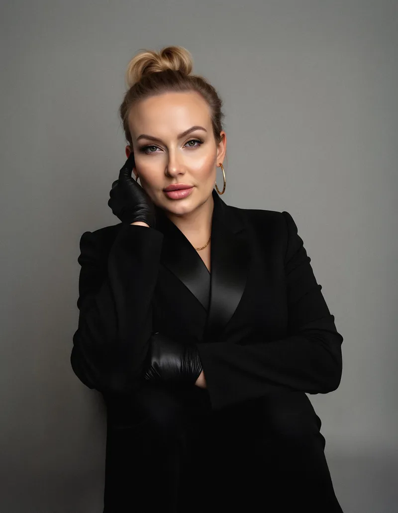 Paulina, founder of BLINGbeauty, in a black blazer and gloves